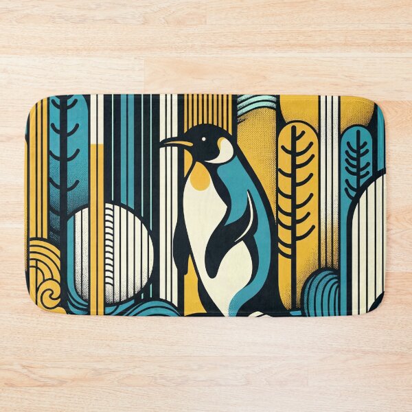 Item preview, Mustard Yellow Teal Blue Penguin In Retro Geometry Forest Pattern designed and sold by PenguinForests.