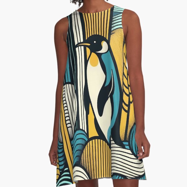 Artikel-Vorschau von Senfgelber blaugrüner Pinguin im Retro-Geometrie-Waldmuster, designt und verkauft von PenguinForests.