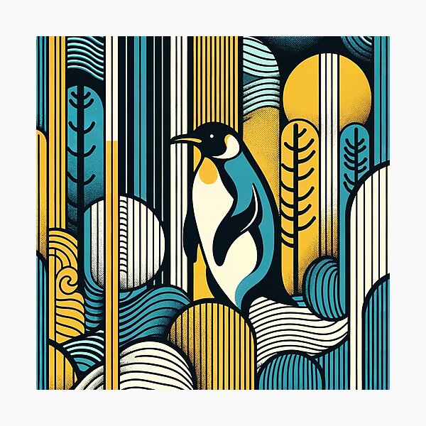 Aperçu de l'œuvre Pingouin bleu sarcelle jaune moutarde dans un motif de forêt à géométrie rétro créée et vendue par PenguinForests.
