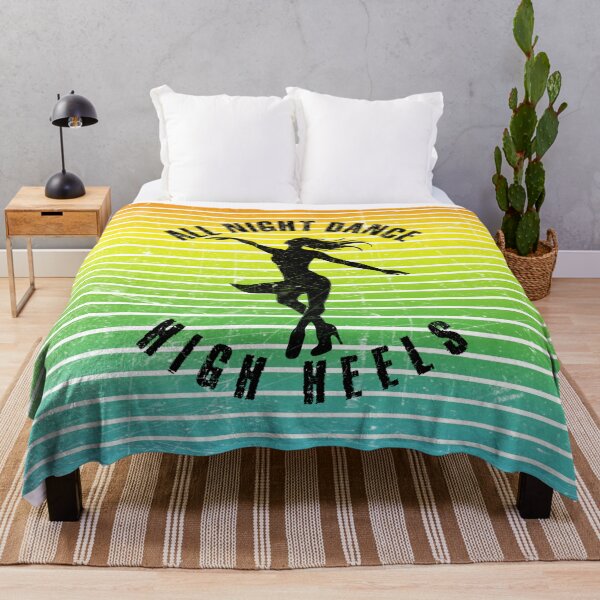 Item preview, Black silhouette of a woman dancing high heels against a background of colorful stripes designed and sold by HarridanCreates.