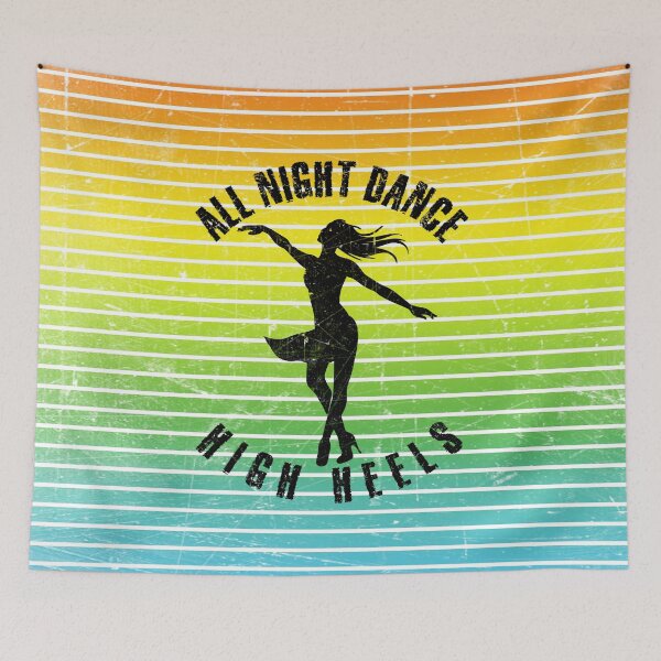 Item preview, Black silhouette of a woman dancing high heels against a background of colorful stripes designed and sold by HarridanCreates.