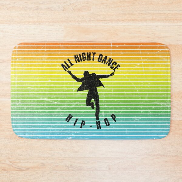 Item preview, Black silhouette of a man dancing hip-hop against a background of colorful stripes designed and sold by HarridanCreates.