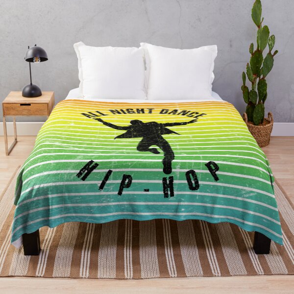 Item preview, Black silhouette of a man dancing hip-hop against a background of colorful stripes designed and sold by HarridanCreates.