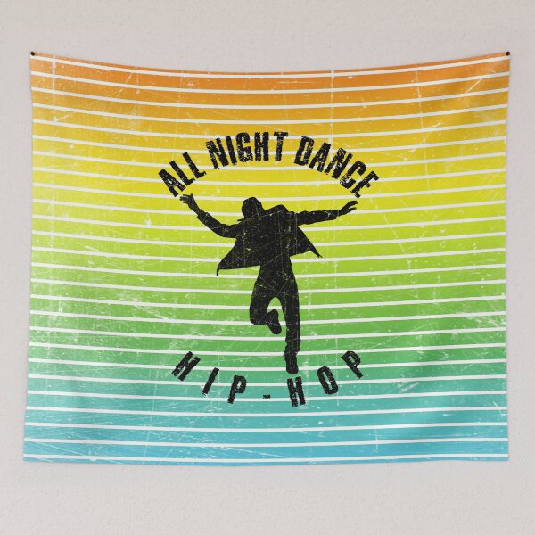 Item preview, Black silhouette of a man dancing hip-hop against a background of colorful stripes designed and sold by HarridanCreates.