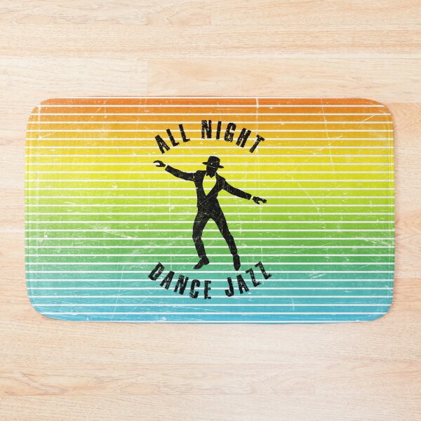 Item preview, Black silhouette of a man in hat dancing jazz against a background of colorful stripes designed and sold by HarridanCreates.