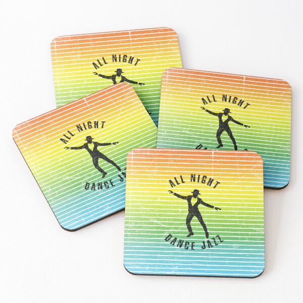 Item preview, Black silhouette of a man in hat dancing jazz against a background of colorful stripes designed and sold by HarridanCreates.