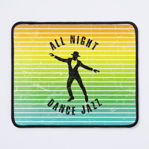 Item preview, Black silhouette of a man in hat dancing jazz against a background of colorful stripes designed and sold by HarridanCreates.