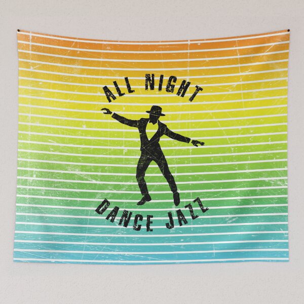 Item preview, Black silhouette of a man in hat dancing jazz against a background of colorful stripes designed and sold by HarridanCreates.