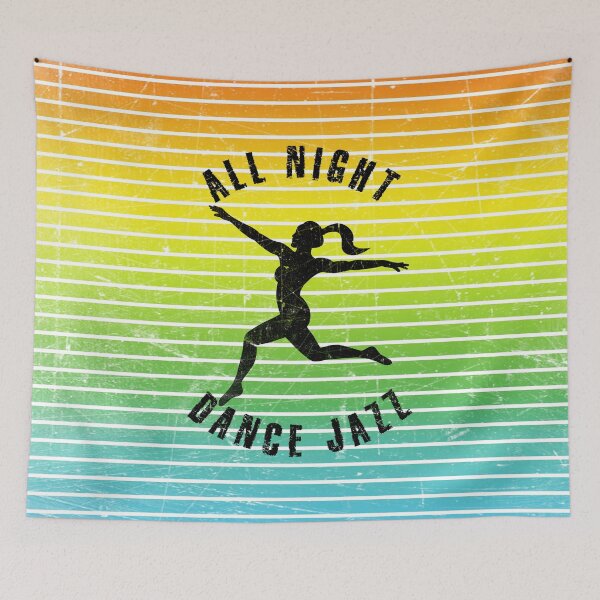 Item preview, Black silhouette of a woman dancing jazz against a background of colorful stripes designed and sold by HarridanCreates.