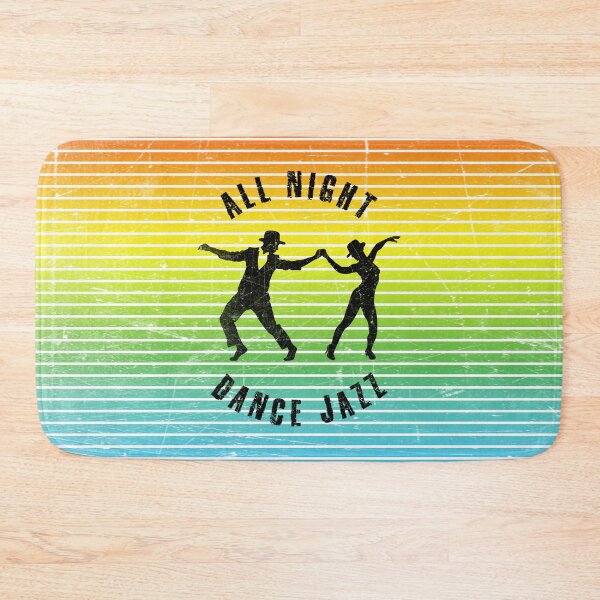 Item preview, Black silhouette of a couple in hats dancing jazz against a background of colorful stripes designed and sold by HarridanCreates.