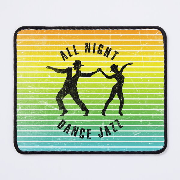 Item preview, Black silhouette of a couple in hats dancing jazz against a background of colorful stripes designed and sold by HarridanCreates.