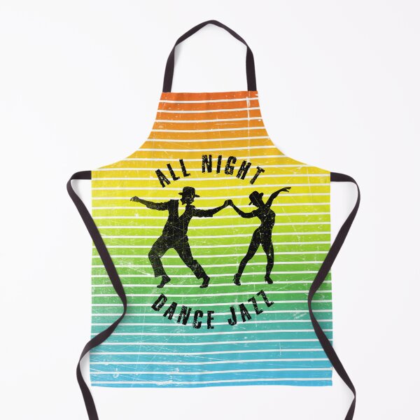 Item preview, Black silhouette of a couple in hats dancing jazz against a background of colorful stripes designed and sold by HarridanCreates.