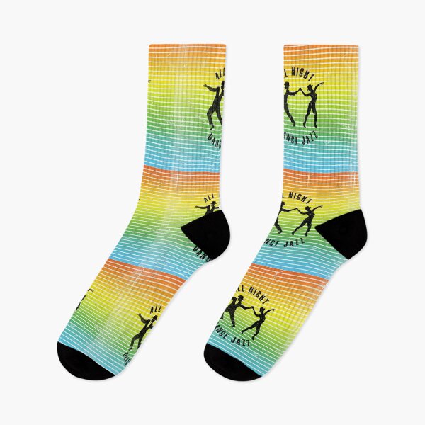 Item preview, Black silhouette of a couple in hats dancing jazz against a background of colorful stripes designed and sold by HarridanCreates.