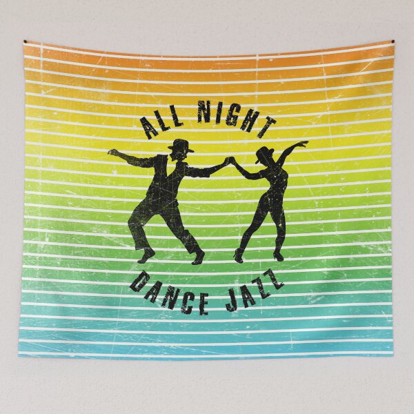 Item preview, Black silhouette of a couple in hats dancing jazz against a background of colorful stripes designed and sold by HarridanCreates.