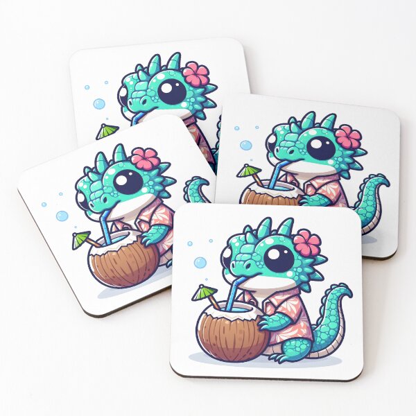 Item preview, Kawaii Bubbly Basilisk With A Hawaiian Shirt Sipping From A Coconut designed and sold by CanvasCutie.