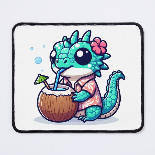 Item preview, Kawaii Bubbly Basilisk With A Hawaiian Shirt Sipping From A Coconut designed and sold by CanvasCutie.