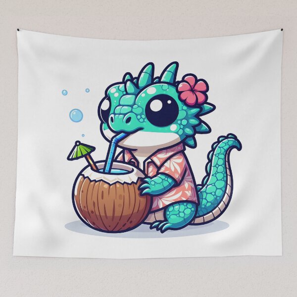Item preview, Kawaii Bubbly Basilisk With A Hawaiian Shirt Sipping From A Coconut designed and sold by CanvasCutie.
