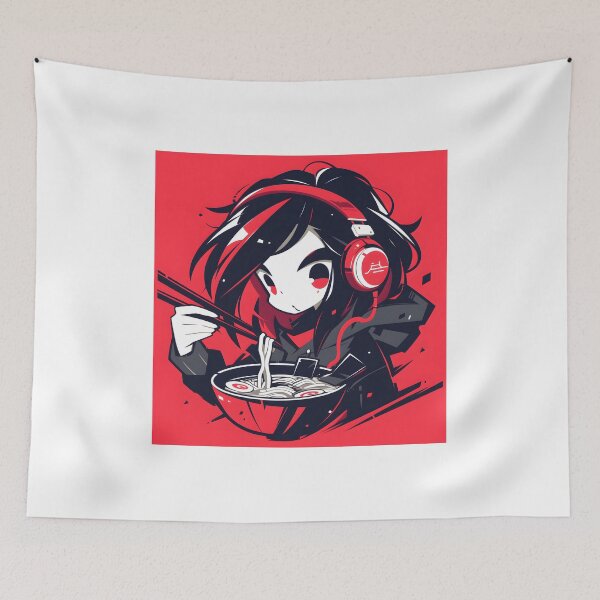 Artikelvorschau, Manga Girl With Headphones Eating Noodles entworfen und verkauft von CoolMantras.