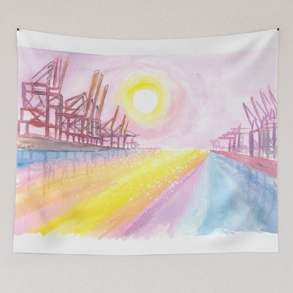 Item preview, Hamburg Port Cranes Scene at Sunset designed and sold by artshop77.