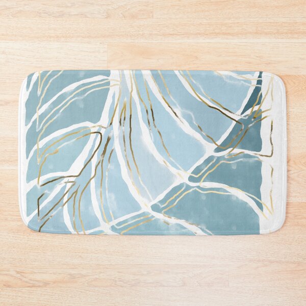 Item preview, Stained glass painting of tropical abstract leaves in pastel blue with gold and brass lines designed and sold by NoaaDesign.