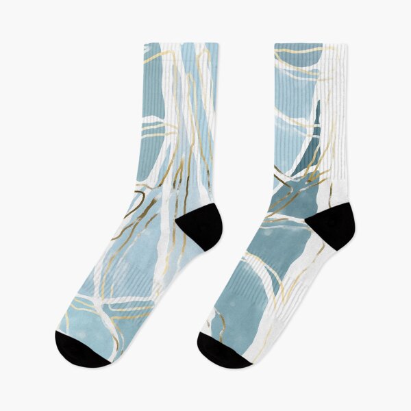 Item preview, Stained glass painting of tropical abstract leaves in pastel blue with gold and brass lines designed and sold by NoaaDesign.