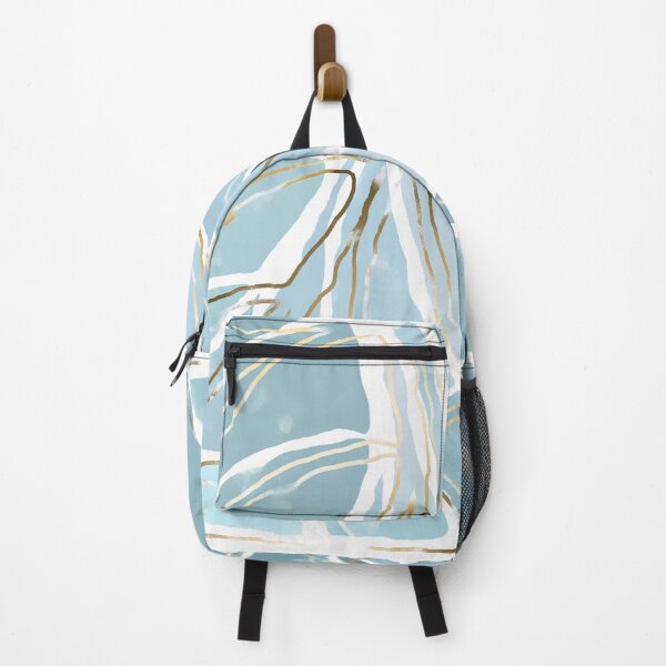 Item preview, Stained glass painting of tropical abstract leaves in pastel blue with gold and brass lines designed and sold by NoaaDesign.