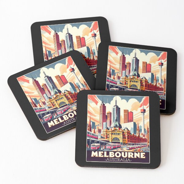 Item preview, Vintage art deco retro Melbourne Australia Landmark Skyline. designed and sold by Unitepeople.