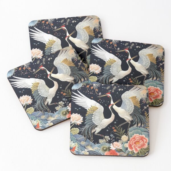 Item preview, Japanese Flying Cranes At Night Blue Red Flowers Floral designed and sold by GrinGalore.