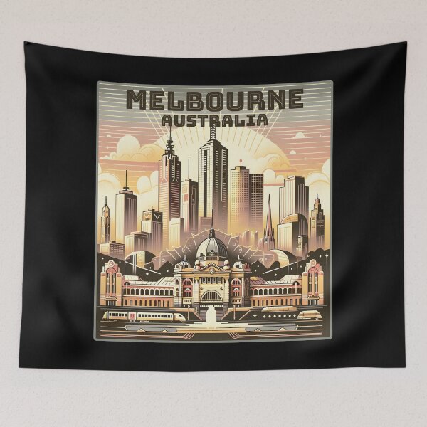 Item preview, Vintage art deco retro Melbourne Australia Landmark Skyline. designed and sold by Unitepeople.