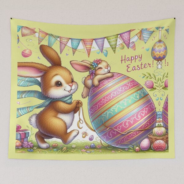Item preview, Happy Easter, cute bunnies and colorful Easter eggs designed and sold by JaroDesign2023.
