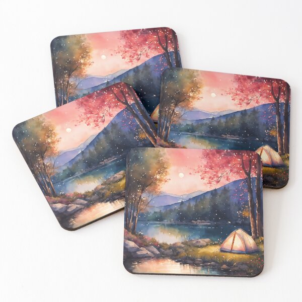 Item preview, watercolor camping beneath the nighttime sky.  designed and sold by soulfulpalette.