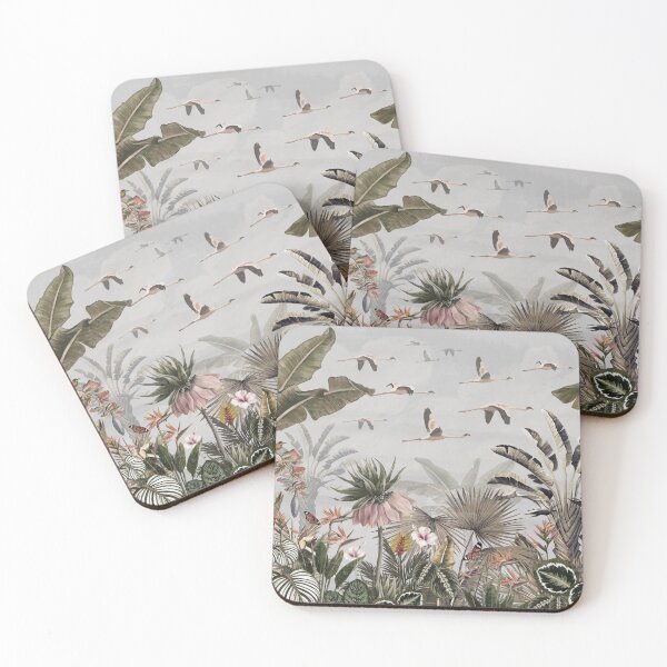 Item preview, pattern tropical forest wallpaper with palm trees, plants, birds, butterflies and Flamingo gray background designed and sold by hAITHAM1985.