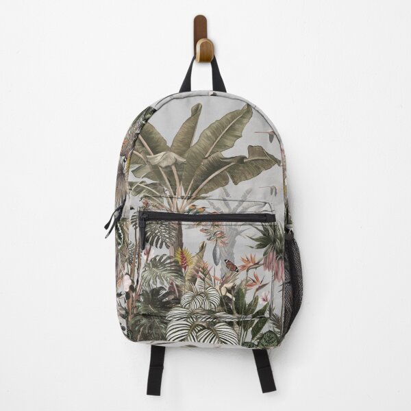 Item preview, pattern tropical forest wallpaper with palm trees, plants, birds, butterflies and Flamingo gray background designed and sold by hAITHAM1985.