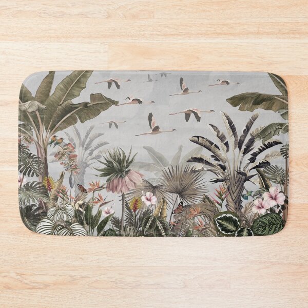 Item preview, pattern tropical forest wallpaper with palm trees, plants, birds, butterflies and Flamingo gray background designed and sold by hAITHAM1985.