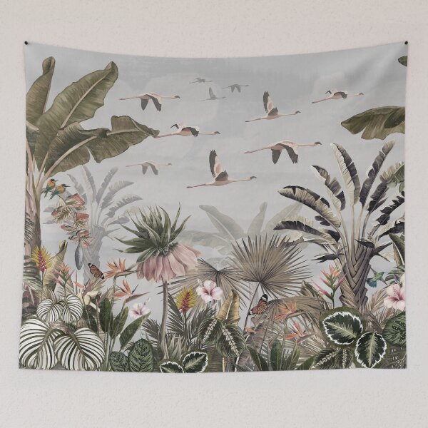 Item preview, pattern tropical forest wallpaper with palm trees, plants, birds, butterflies and Flamingo gray background designed and sold by hAITHAM1985.