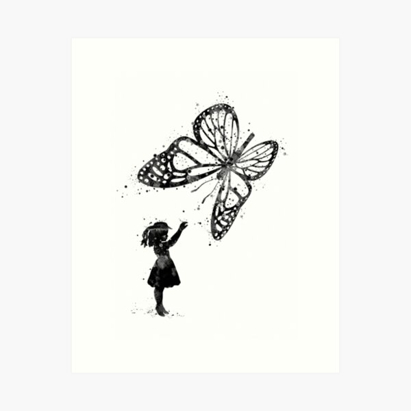 Item preview, Girl and Butterfly Fantasy Black and White Artwork designed and sold by LotusGifts.