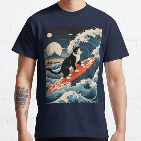 Catzilla Synthwave Cat Great Wave of Kanagawa Unisex Black T-shirt discount