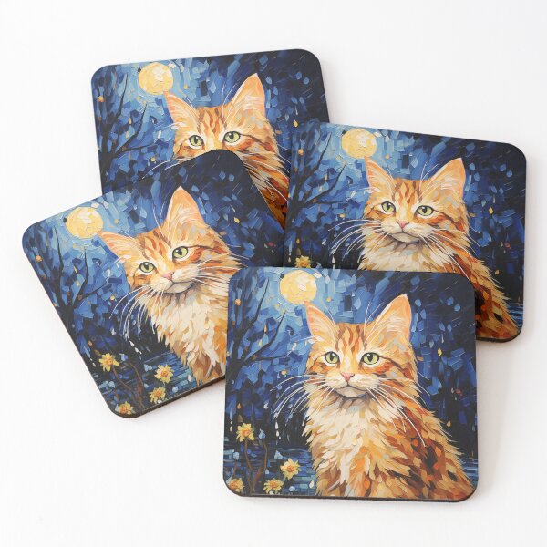 Item preview, Cute orange cat painting in night scene with flower and moon designed and sold by Jirayut Srimuang.