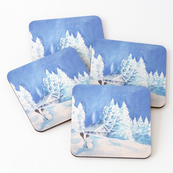Item preview, Snowy pine trees and snowman - made of the original watercolor landscape by Ira Gorky designed and sold by IraGorky.