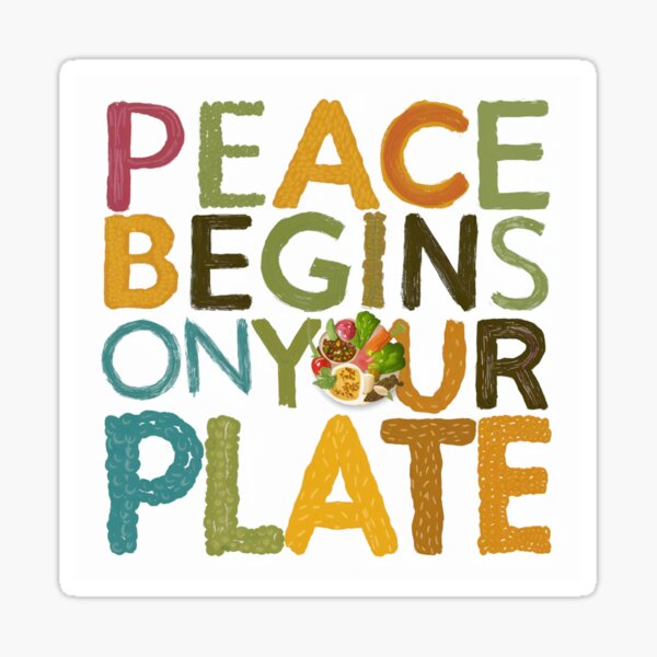 Vista previa del artículo con la obra «La paz comienza en tu plato», diseñado y vendido por veganeats.