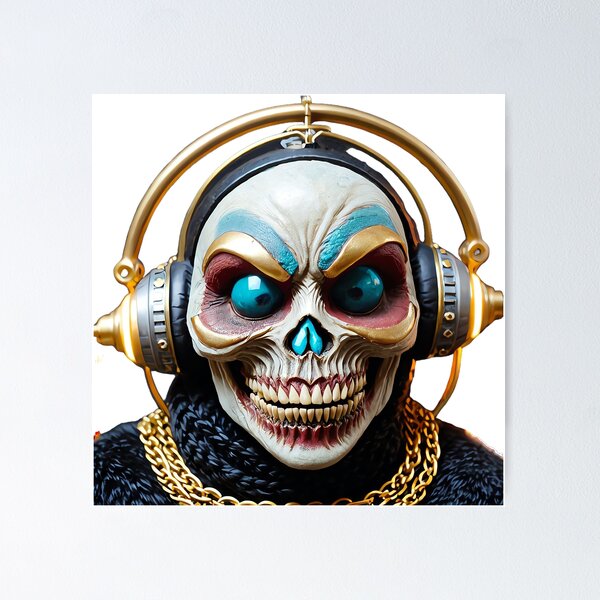 Item preview, Old Woman Skull Head with big headphone and a golden chain necklace. designed and sold by TheCubedOne.