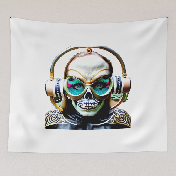 Item preview, Vieja y siniestra calavera como una mujer macabra con unos auriculares muy grandes y gafas protectoras designed and sold by TheCubedOne.