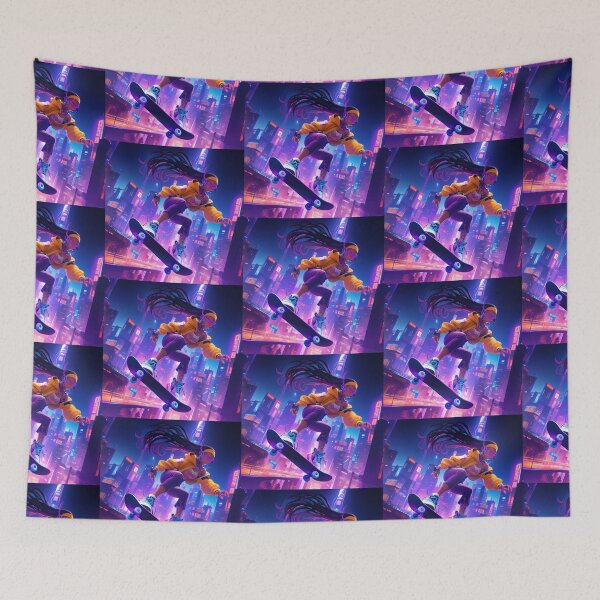 Item preview, Urban Skateboarder Vibes in Neon City - Electric Night Skate Illustration designed and sold by KACTUSNZ.