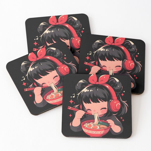 Artikelvorschau, Cute Girl With Headphones Eating Noodles entworfen und verkauft von CoolMantras.