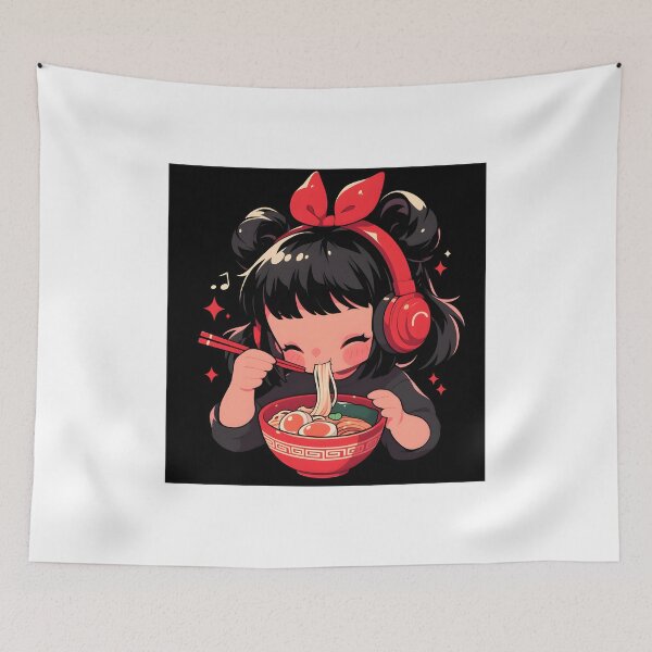 Artikelvorschau, Cute Girl With Headphones Eating Noodles entworfen und verkauft von CoolMantras.