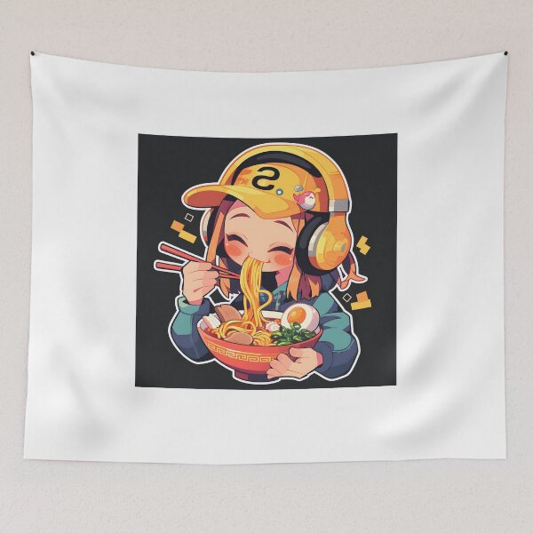 Artikelvorschau, Cute Manga Girl With Headphones Eating Noodles entworfen und verkauft von CoolMantras.