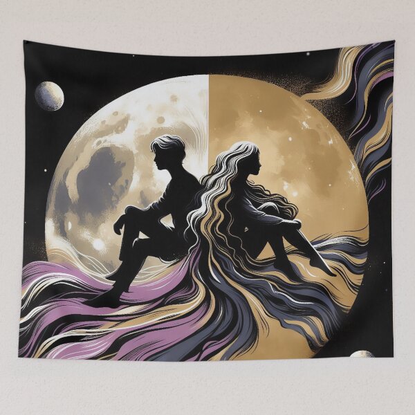 Item preview, couple in flow, space Moon, sharing differences black gold lilac designed and sold by Meena-tta.