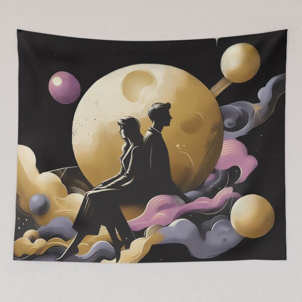 Item preview, Couple friends in flow, space Moon, sharing connection black gold pink designed and sold by Meena-tta.