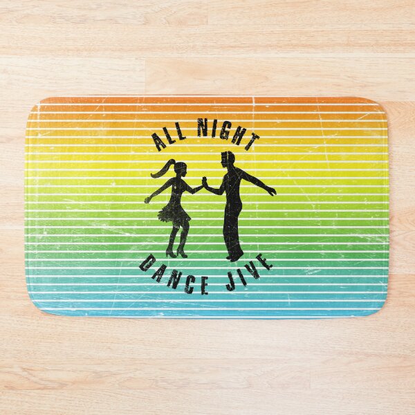 Item preview, Black silhouette of a couple dancing jiveagainst a background of colorful stripes designed and sold by HarridanCreates.