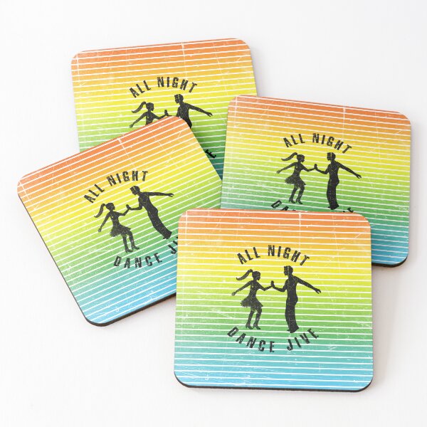 Item preview, Black silhouette of a couple dancing jiveagainst a background of colorful stripes designed and sold by HarridanCreates.